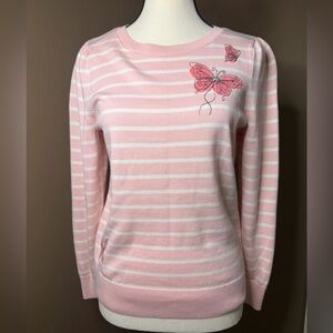 Talbots Women’s Pink Striped Butterfly Embroidered Pullover Sweater Medium